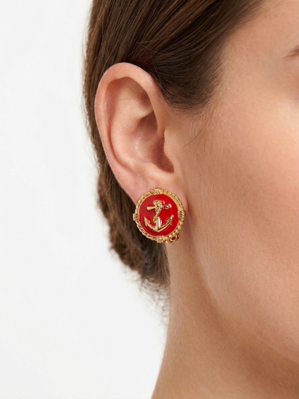 Gold-Tone Red Anchor Button Earrings